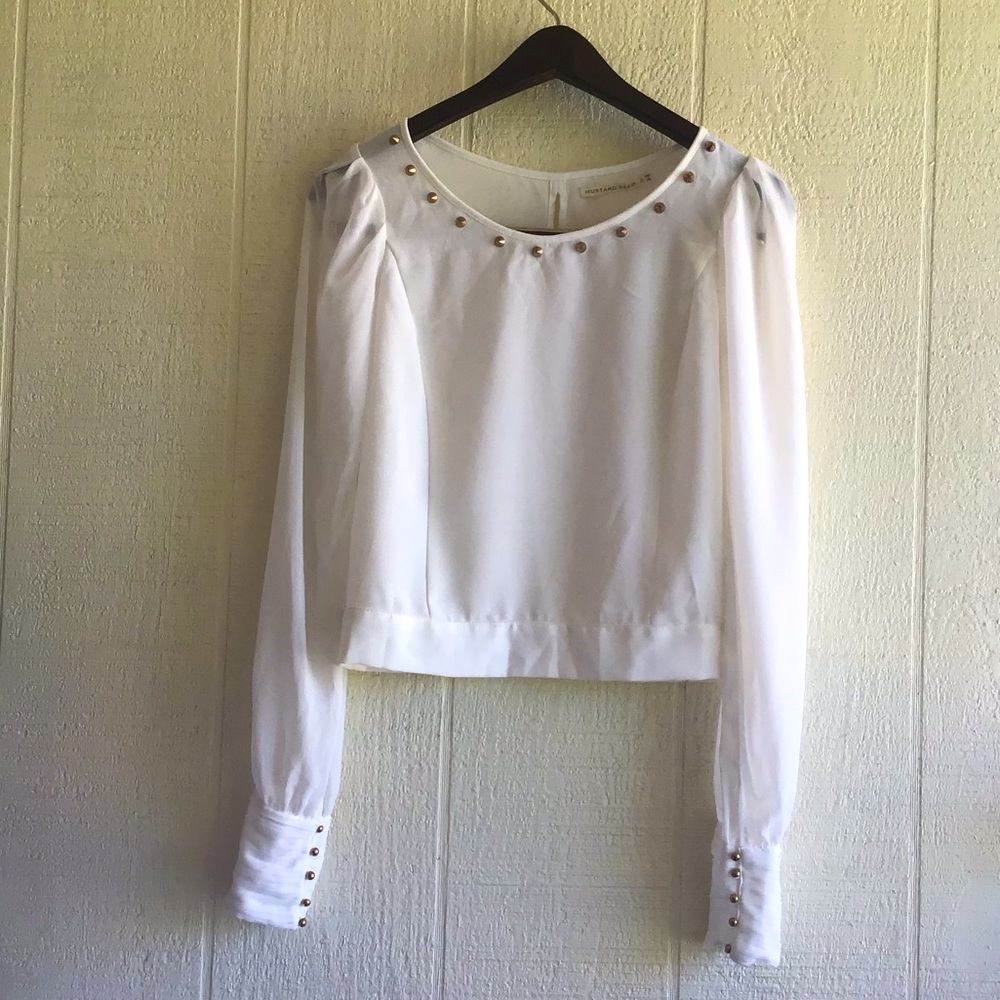 Puff sleeve studs cropped open back blouse
